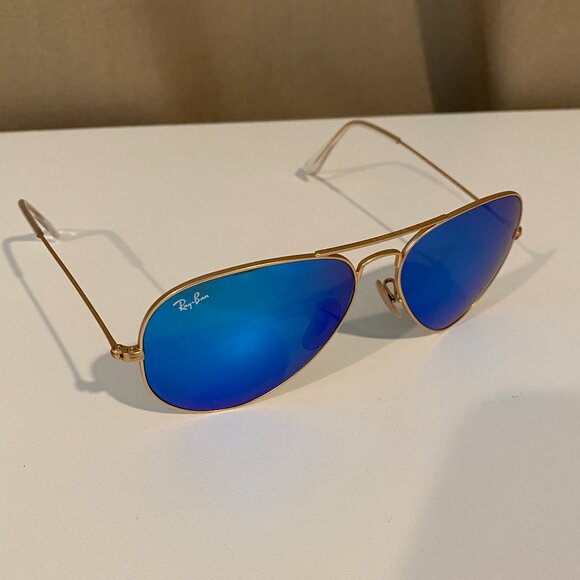 Ray-Ban Aviator Sunglasses Blue‎ Mirror Lens Gold Frame Made in Italy with case - Picture 1 of 16